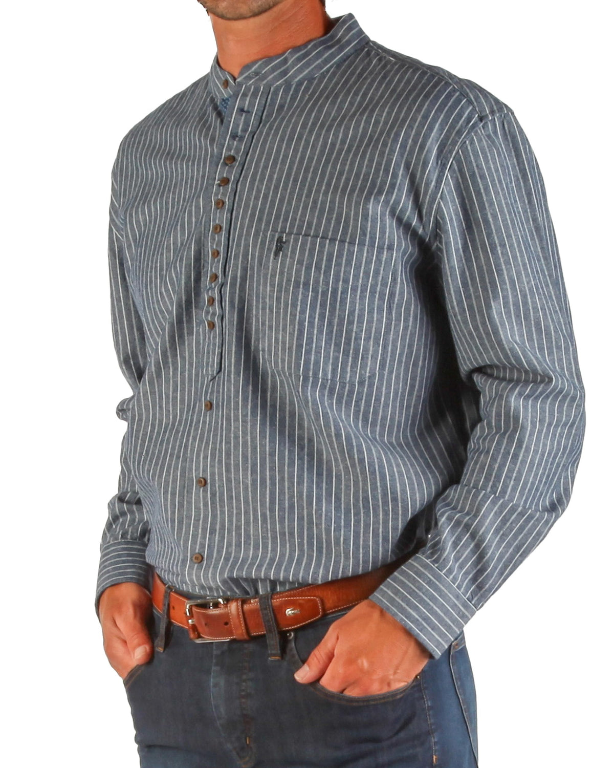 The Celtic Ranch Collarless Shirt for Men, Irish Grandfather Cotton-Linen