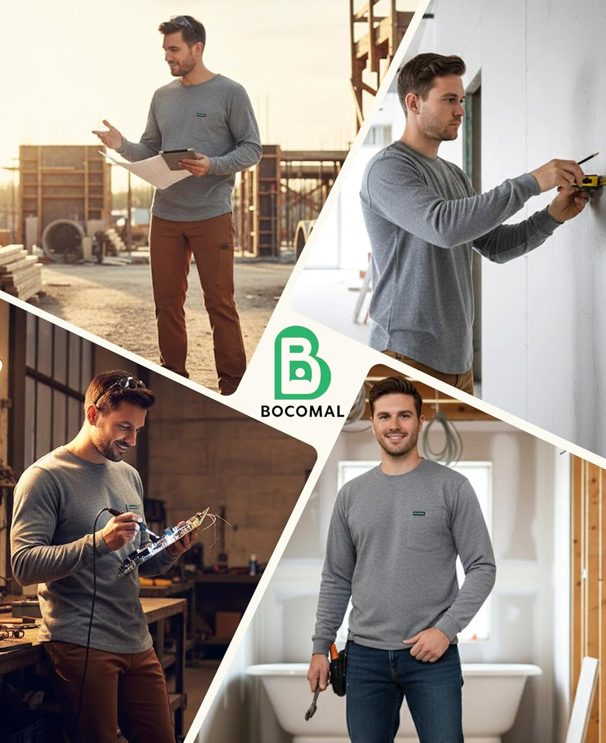 BOCOMAL Non FR - Men's Work Shirts Long Sleeve Stretch-Cotton Relaxed Fit