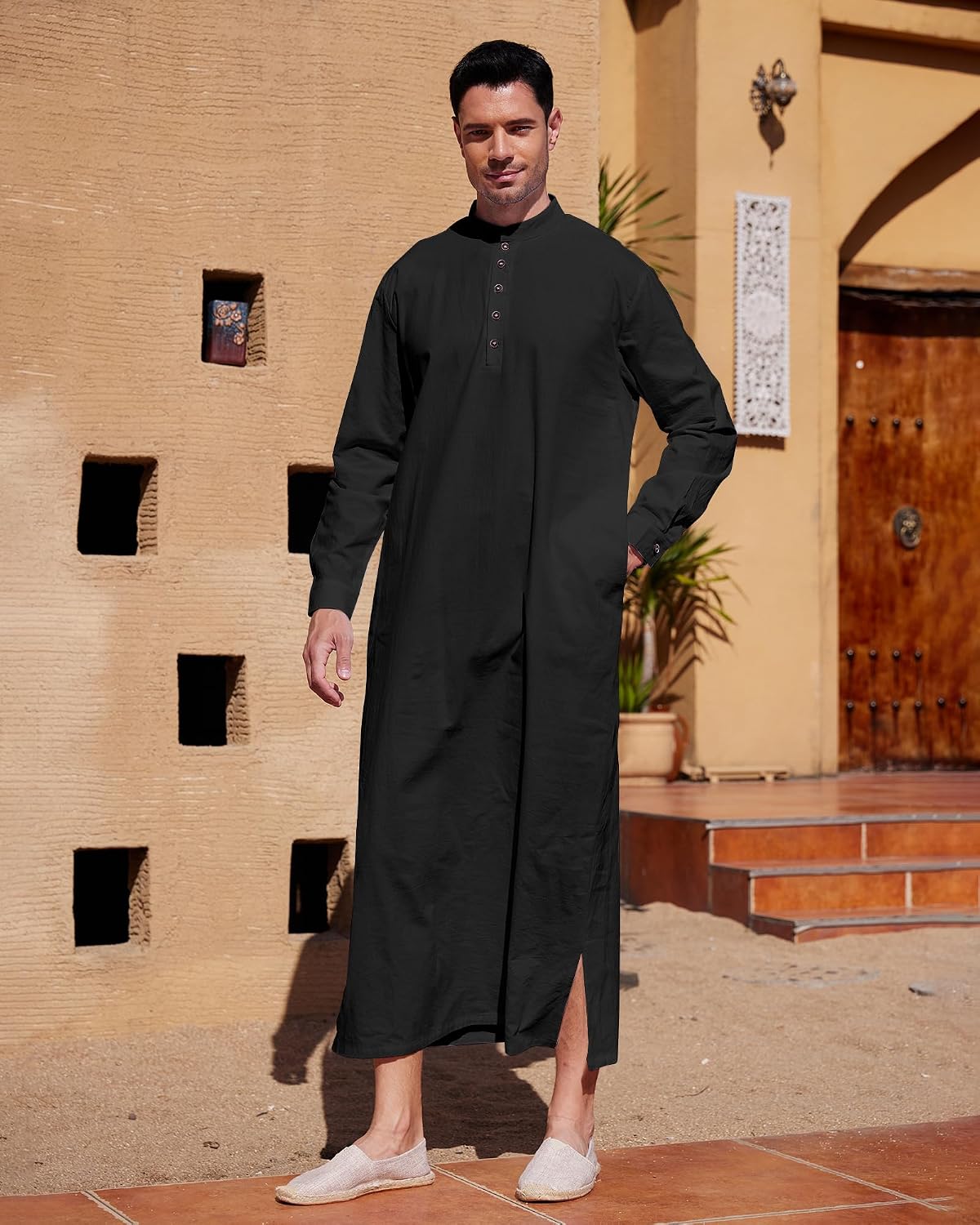YAOHUOLE Muslim Thobe for Men Button down Mens Caftans Big and Tall Mens Arab Thobe with Pocket
