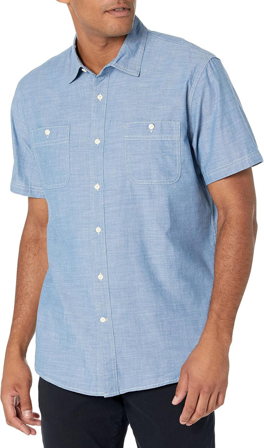 Amazon Essentials Men's Regular-Fit Short-Sleeve Button-Down 100% Cotton Chambray Shirt