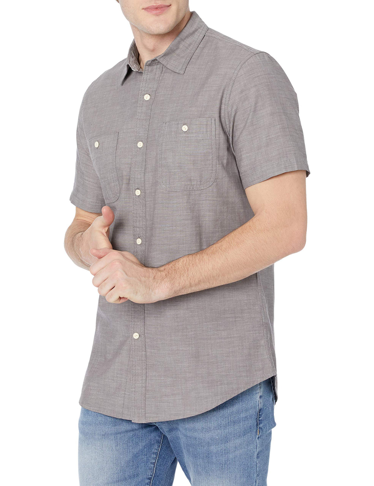 Amazon Essentials Men's Regular-Fit Short-Sleeve Button-Down 100% Cotton Chambray Shirt