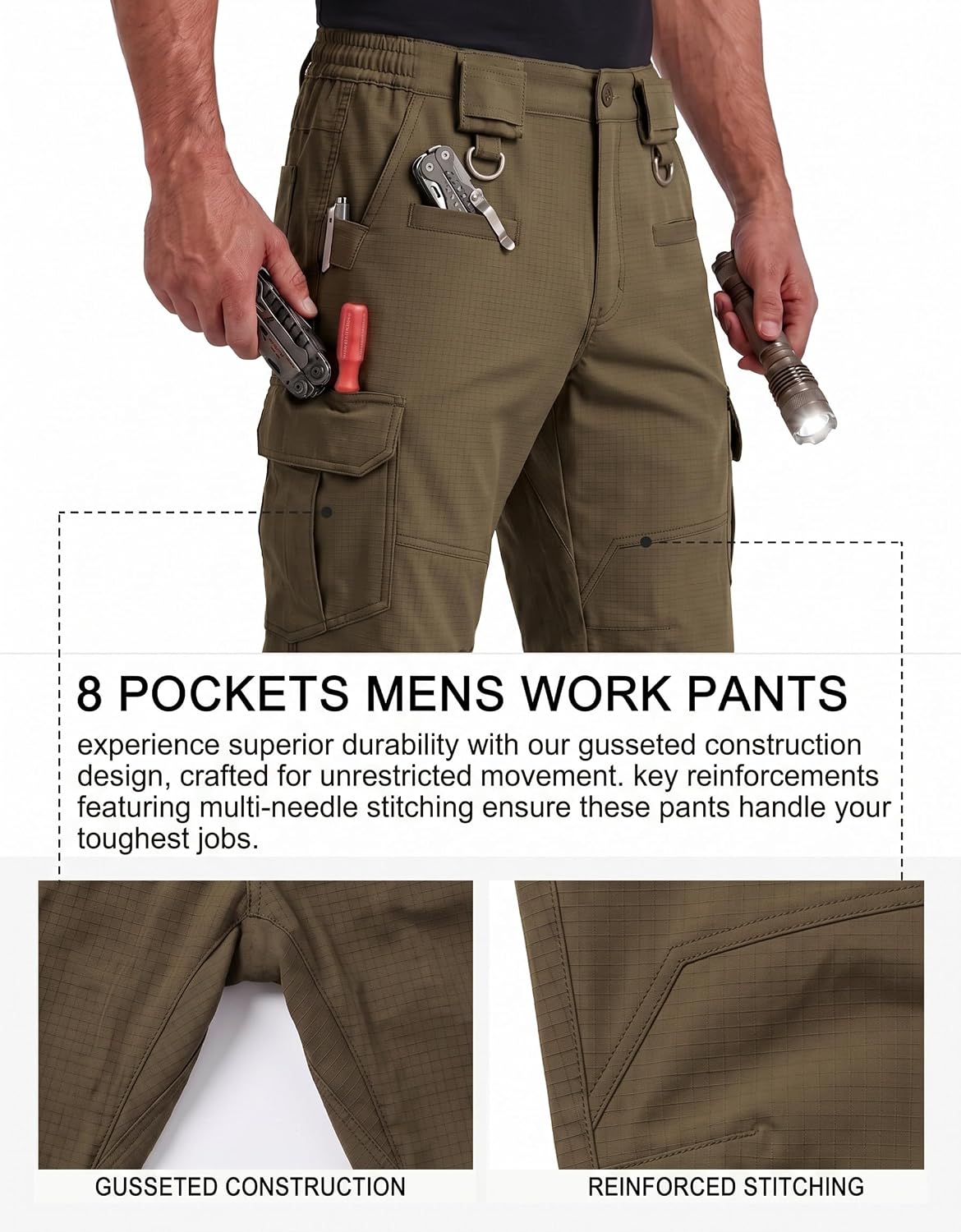 Men's Work Pants Hiking Ripstop Tactical Construction Cargo Pants 8 Pockets