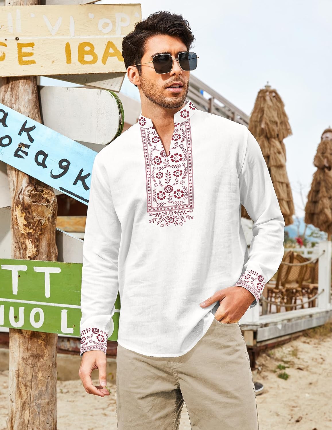 COOFANDY Men's Henley Shirt Vyshyvanka Long Sleeve African Print Shirts Casual Zip Up Cotton Linen Beach Hippie Shirt