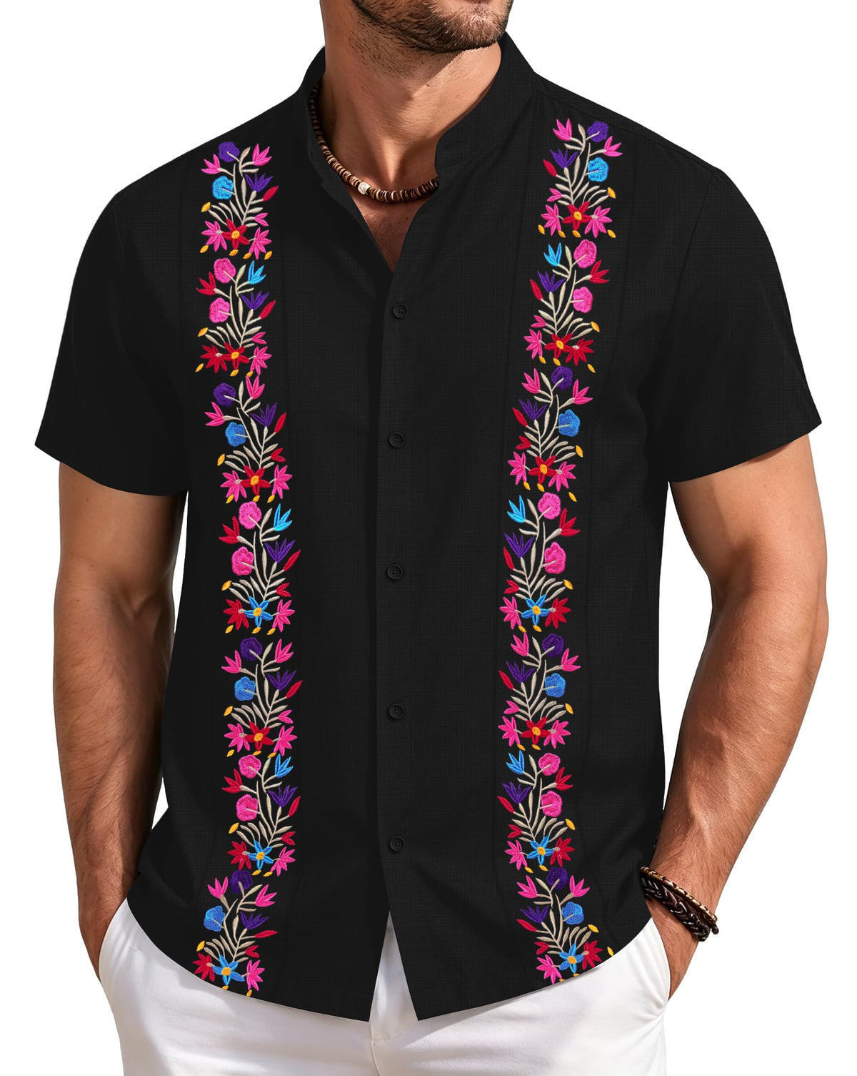 Mexican Shirts for Men Guayabera Tshirt Floral Embroidered Button Down
