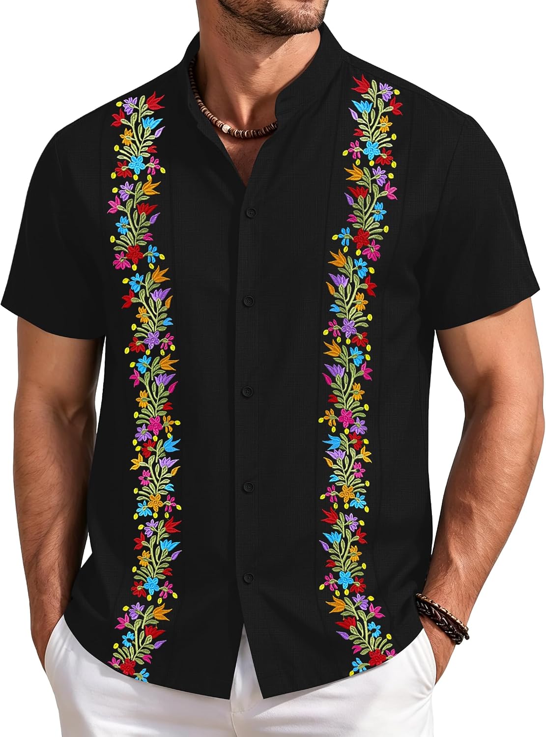 Mexican Shirts for Men Guayabera Tshirt Floral Embroidered Button Down