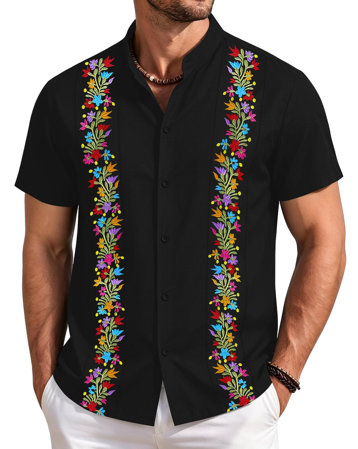 Mexican Shirts for Men Guayabera Tshirt Floral Embroidered Button Down