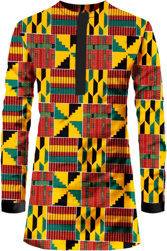 African Men Shirt Slim Fit Hidden Button Dashiki Print Cotton Cloth Top