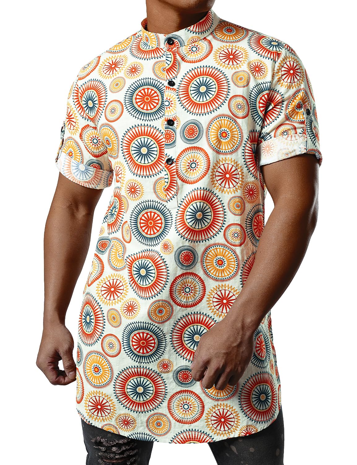 JOGAL Mens African Shirt Striped Henley Dashiki Shirts Short Sleeve
