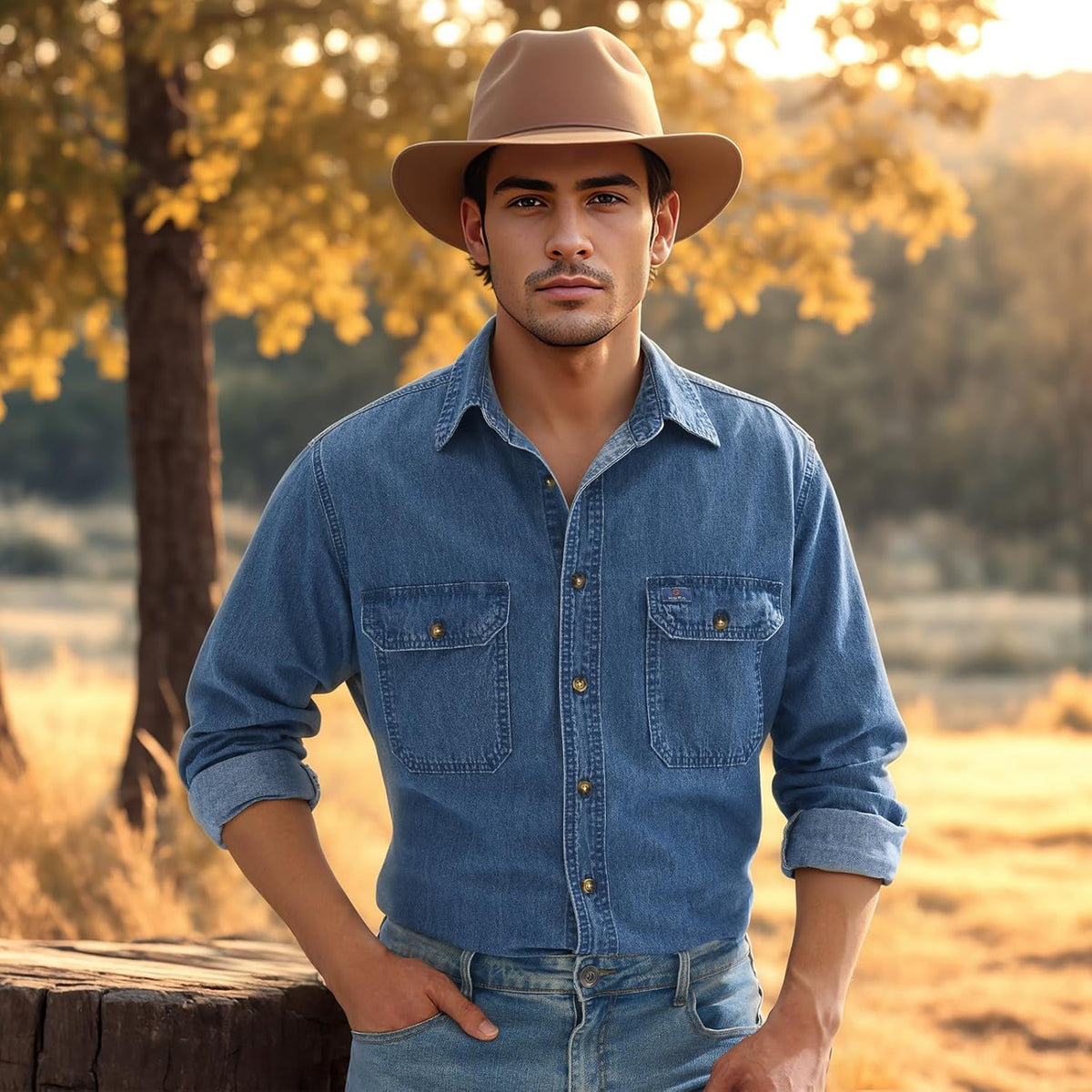 HISEA Mens Long Sleeve Denim Shirt, Button Down Jean Work Shirt Regular Fit