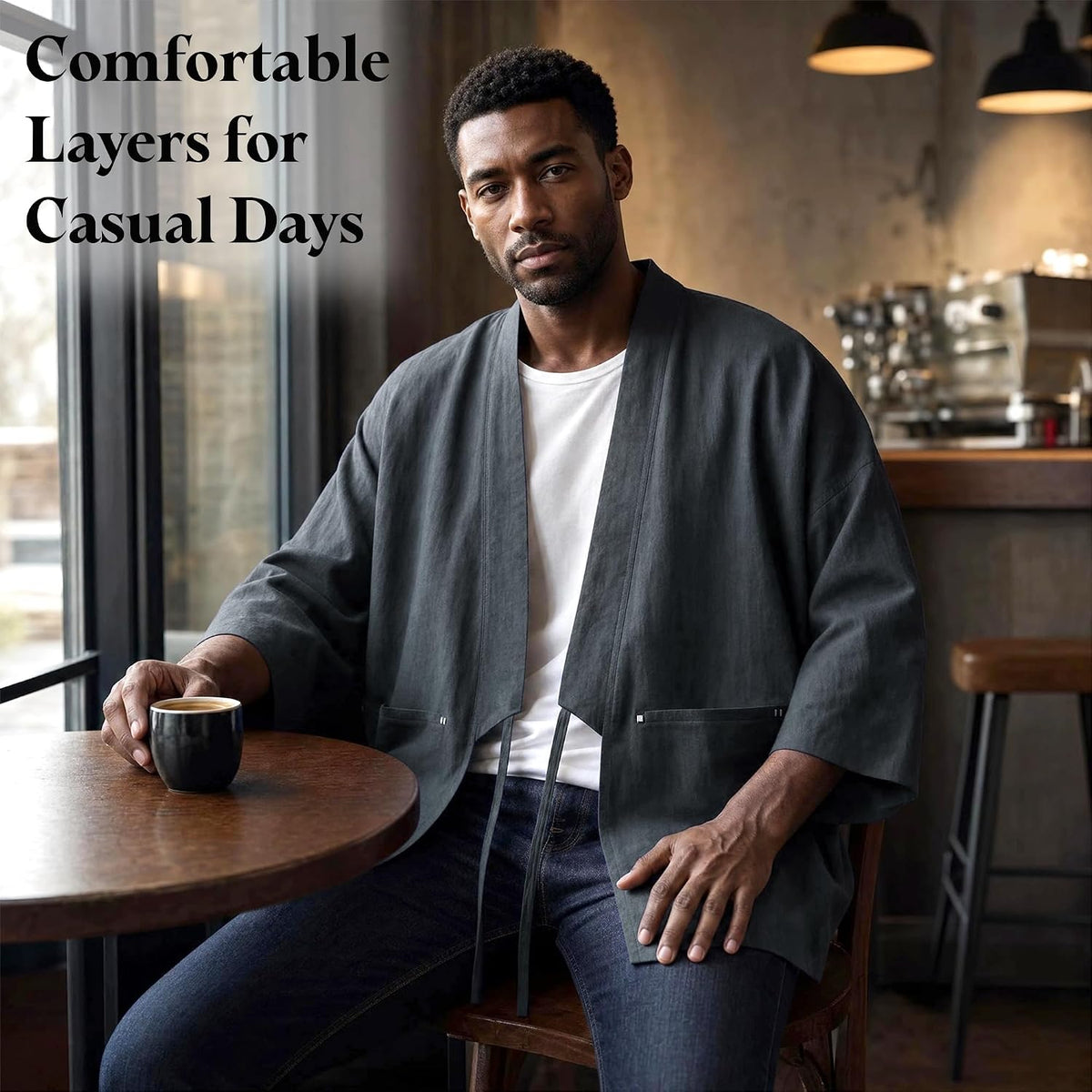 Haseil Men's Kimono Cardigan Japanese Jackets Casual Cotton 3/4 Sleeve Shirt Open Front Coat Lightweight Linen Outwear