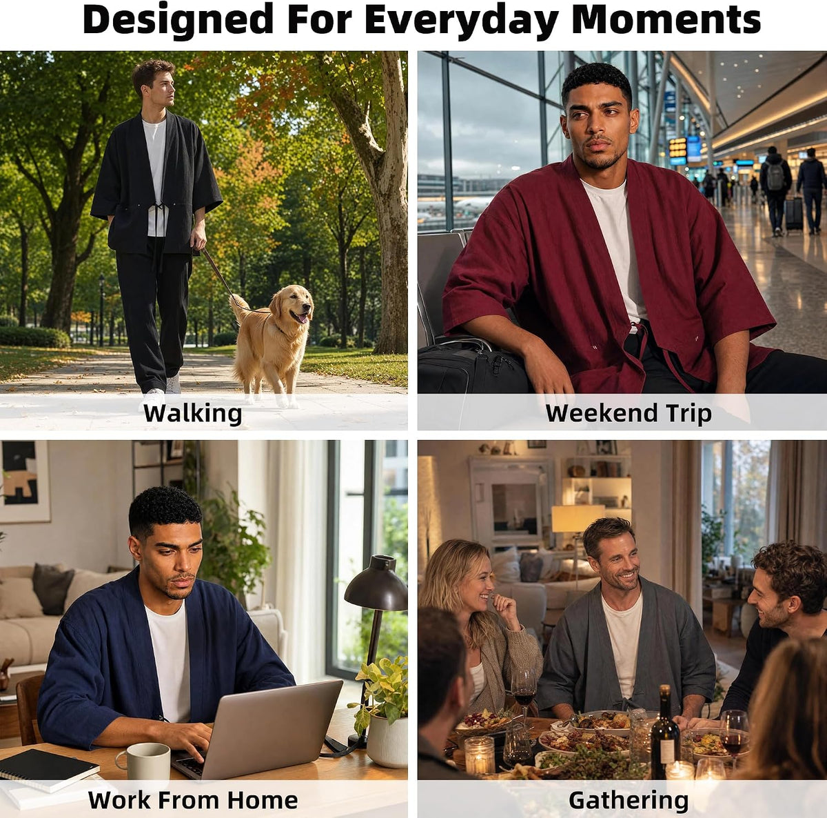 Haseil Men's Kimono Cardigan Japanese Jackets Casual Cotton 3/4 Sleeve Shirt Open Front Coat Lightweight Linen Outwear