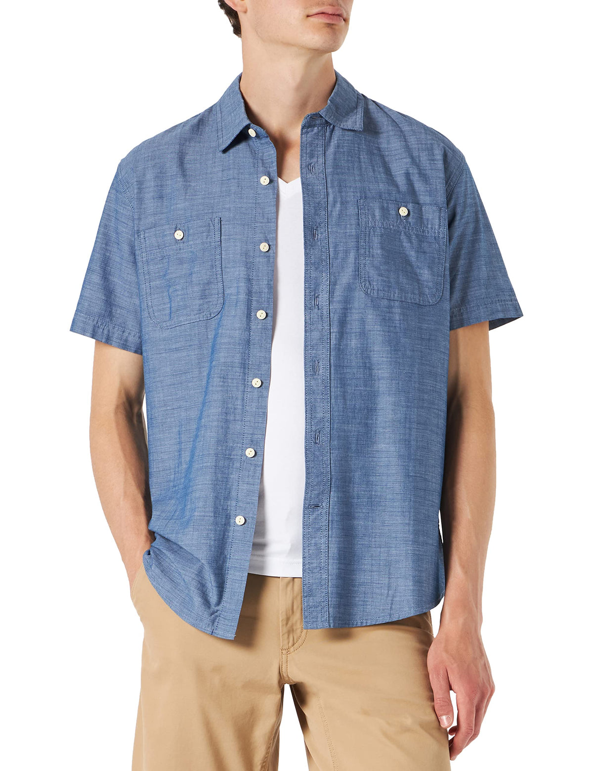 Amazon Essentials Men's Regular-Fit Short-Sleeve Button-Down 100% Cotton Chambray Shirt