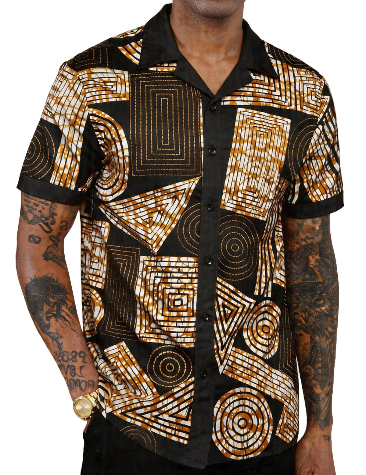 Mens African Dashiki Kente Printed Cuban Collar Button Down Shirts