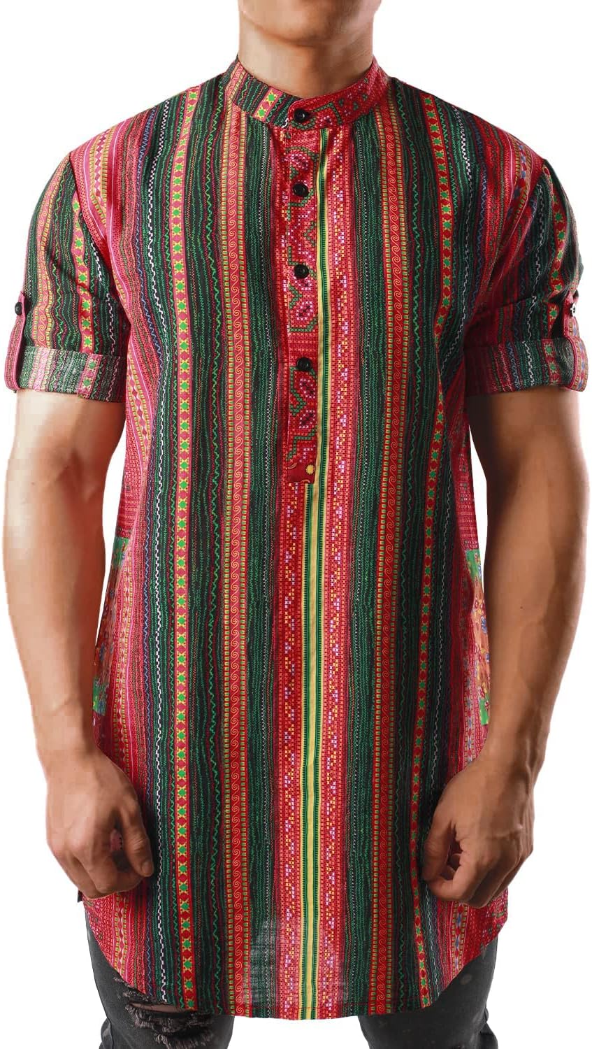 JOGAL Mens African Shirt Striped Henley Dashiki Shirts Short Sleeve