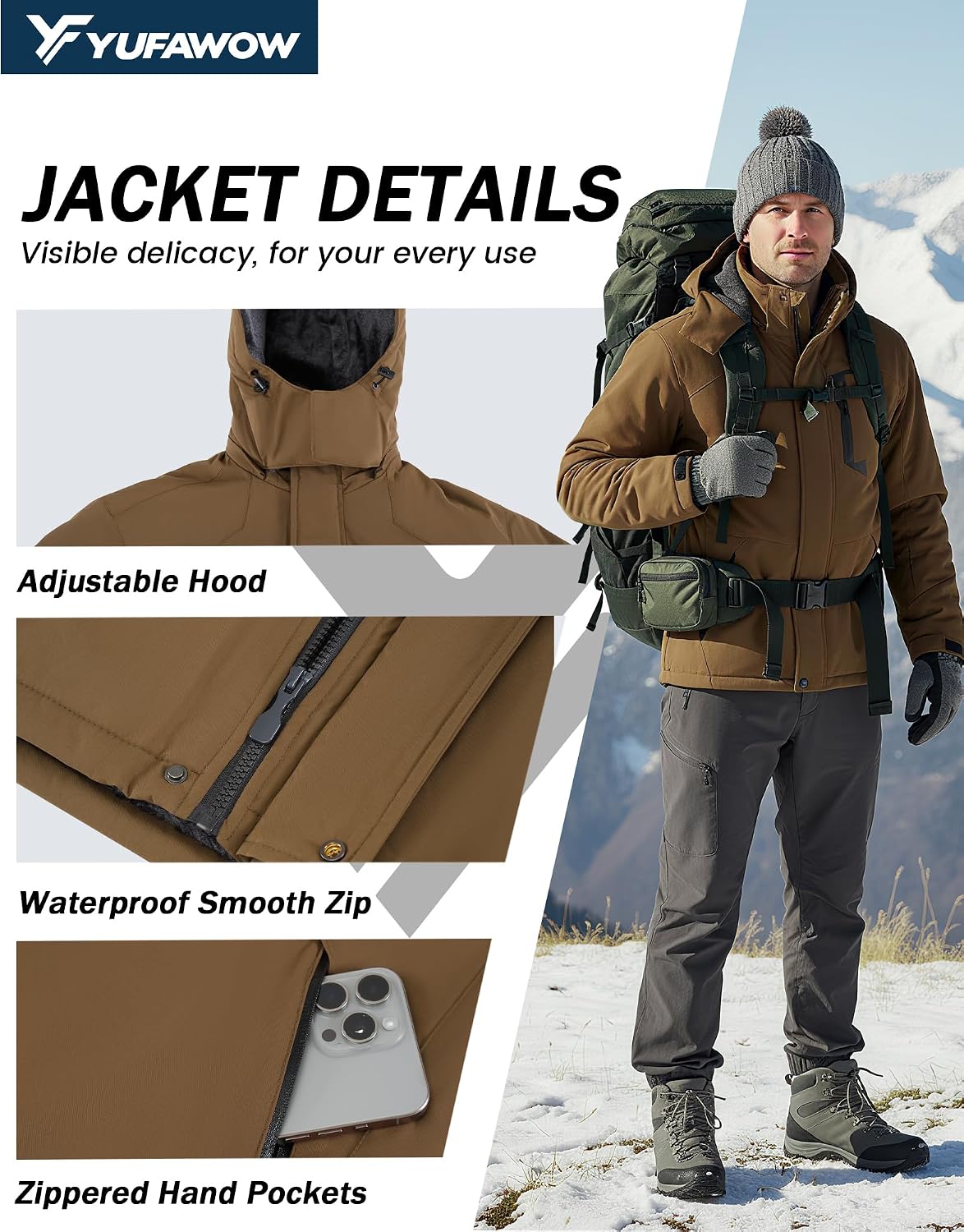 Men Winter Jacket Waterproof Windbreaker Warm Fleece Lined for Winter Outdoor Work Sports Skiing Snowboard Camping Hiking