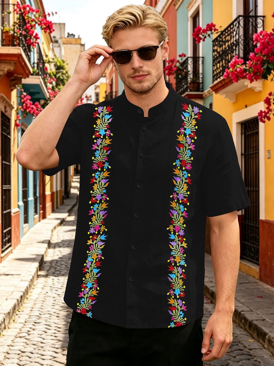 Mexican Shirts for Men Guayabera Tshirt Floral Embroidered Button Down