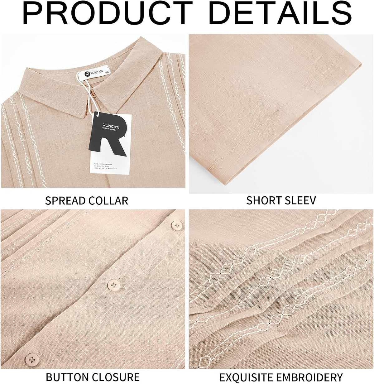 Runcati Mens Short Sleeve Guayabera Shirts Linen Button Down Cuban Shirt