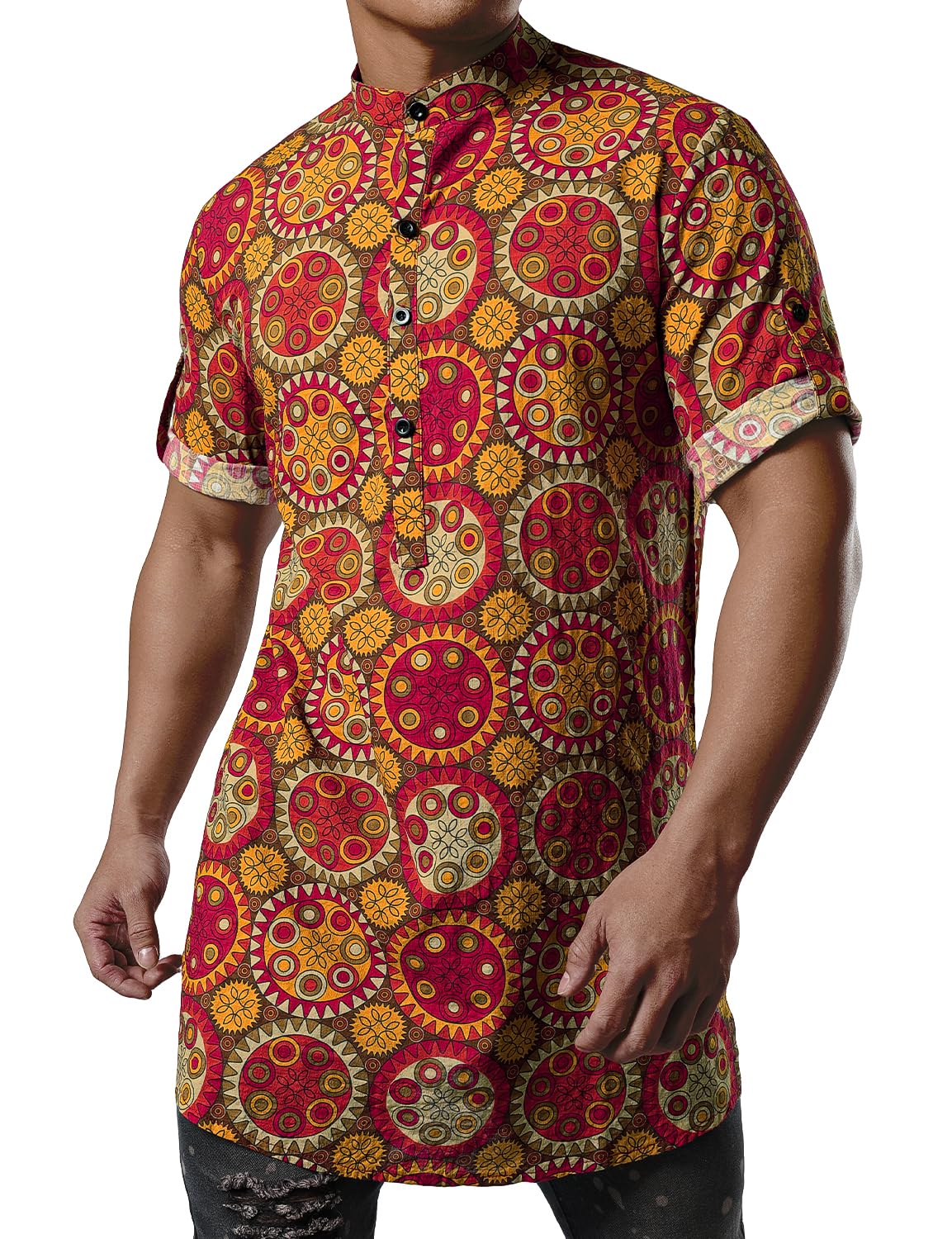 JOGAL Mens African Shirt Striped Henley Dashiki Shirts Short Sleeve