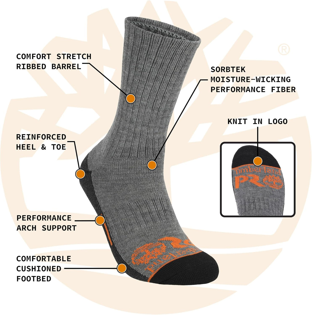Timberland PRO Mens Sorbtek Moisture Control Mens Socks, Arch Support, Cushioned Footbed (Size 7-12; 6 Pairs) set