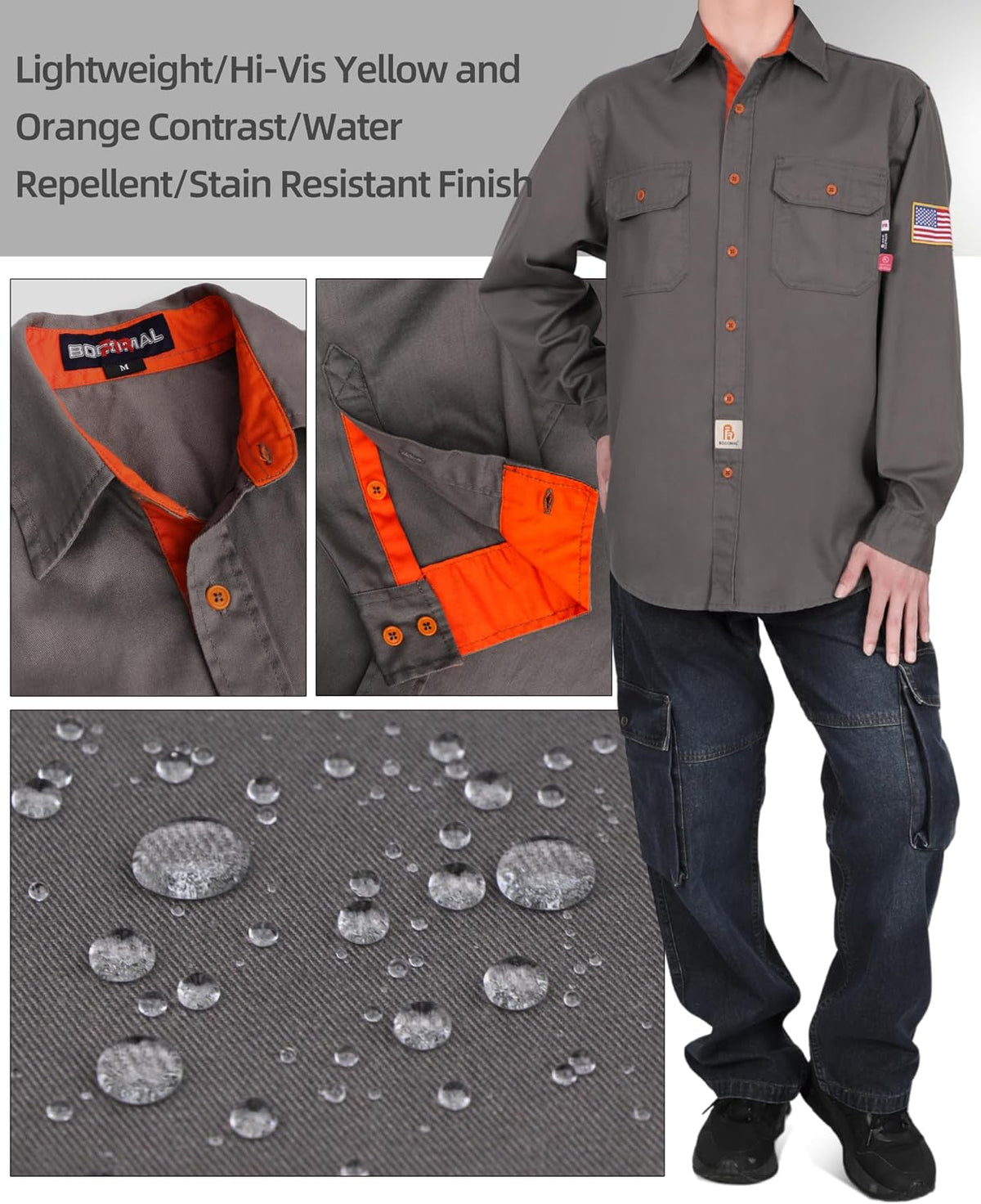 BOCOMAL FR Shirts for Men Button Down Lightweight Contrast Welding Workwear