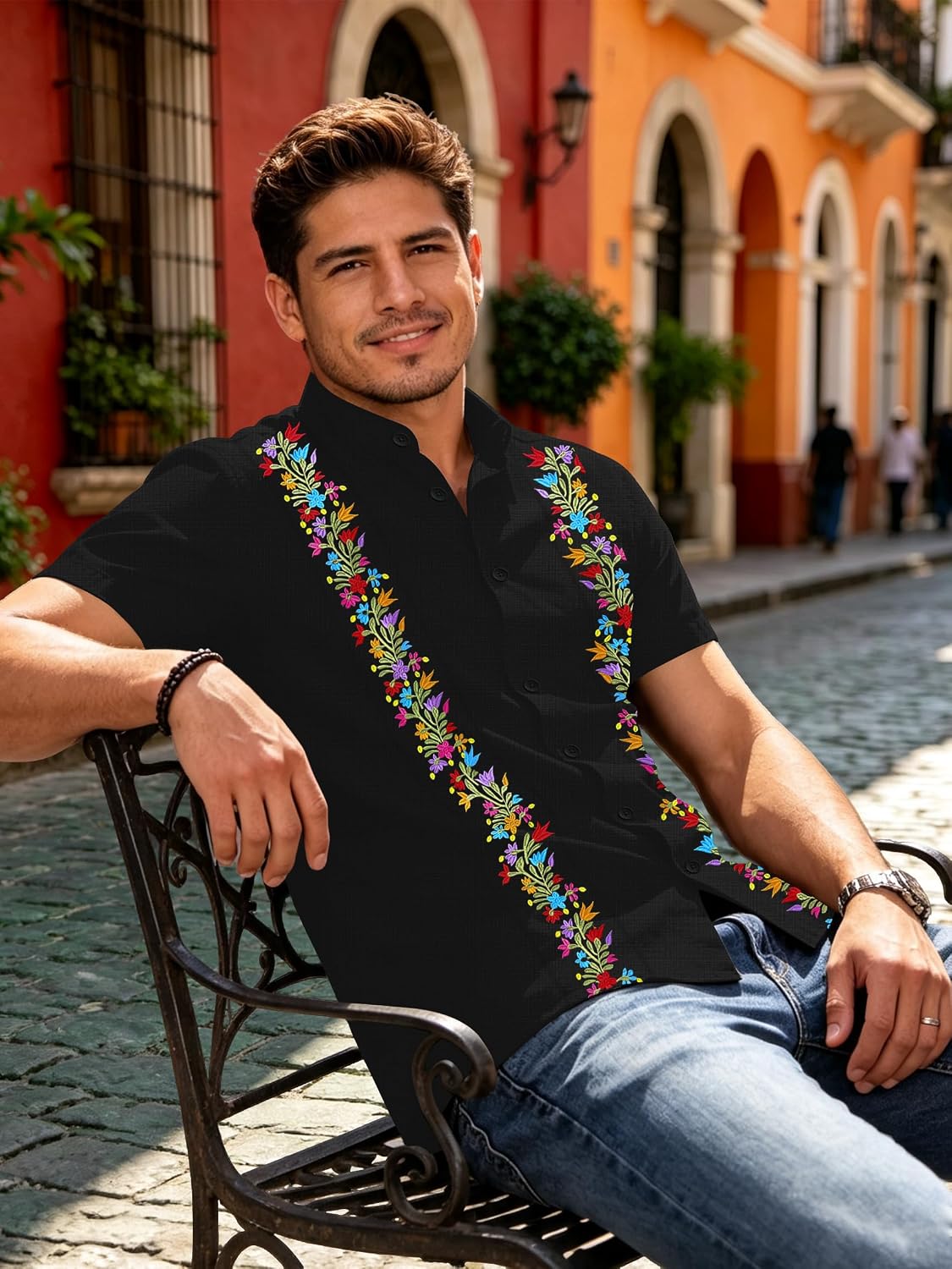 Mexican Shirts for Men Guayabera Tshirt Floral Embroidered Button Down