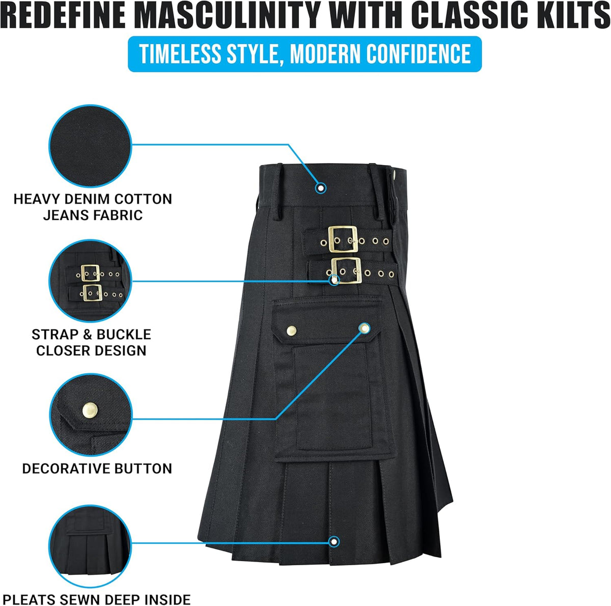 Black Utility Kilt for Mens Traditional Scottish Highland Cotton