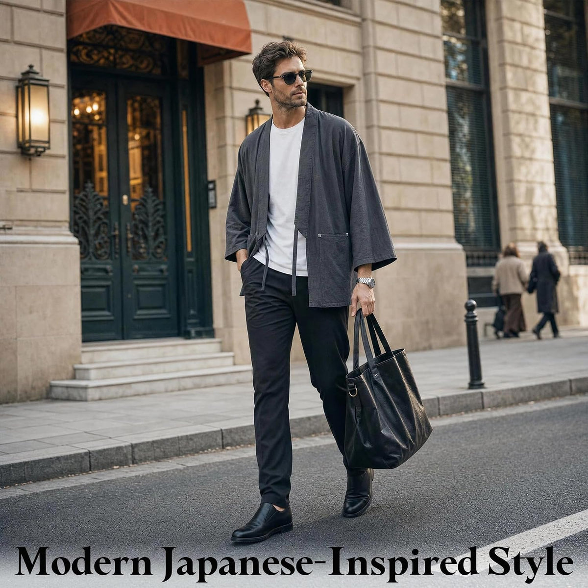 Haseil Men's Kimono Cardigan Japanese Jackets Casual Cotton 3/4 Sleeve Shirt Open Front Coat Lightweight Linen Outwear
