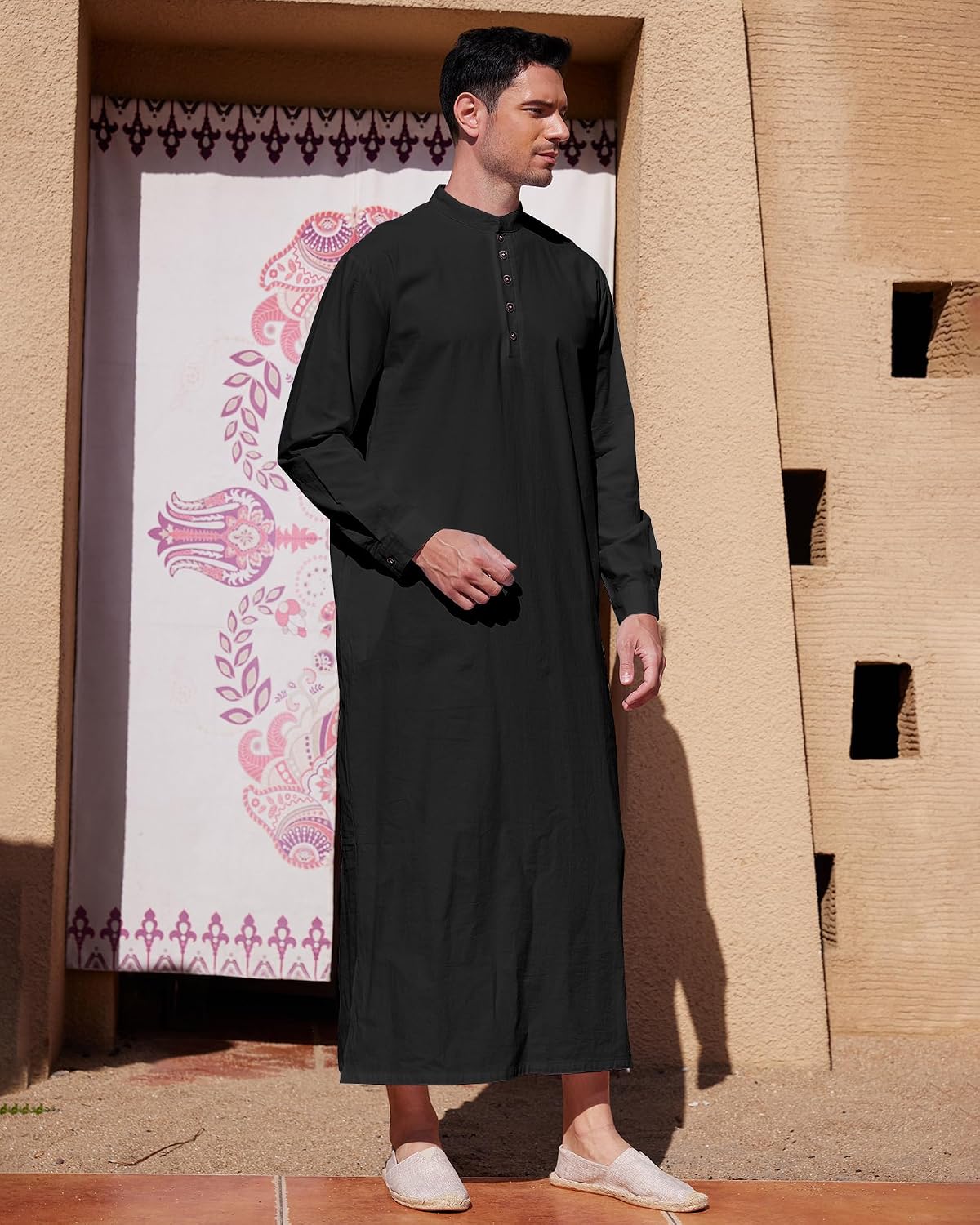 YAOHUOLE Muslim Thobe for Men Button down Mens Caftans Big and Tall Mens Arab Thobe with Pocket