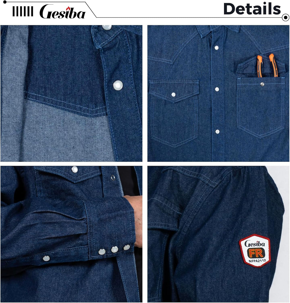 Men's FR Flame Resistant Denim Classic Work Shirt, 9 oz Heavyweight Cotton Fire Retardant Safety Welding Shirts