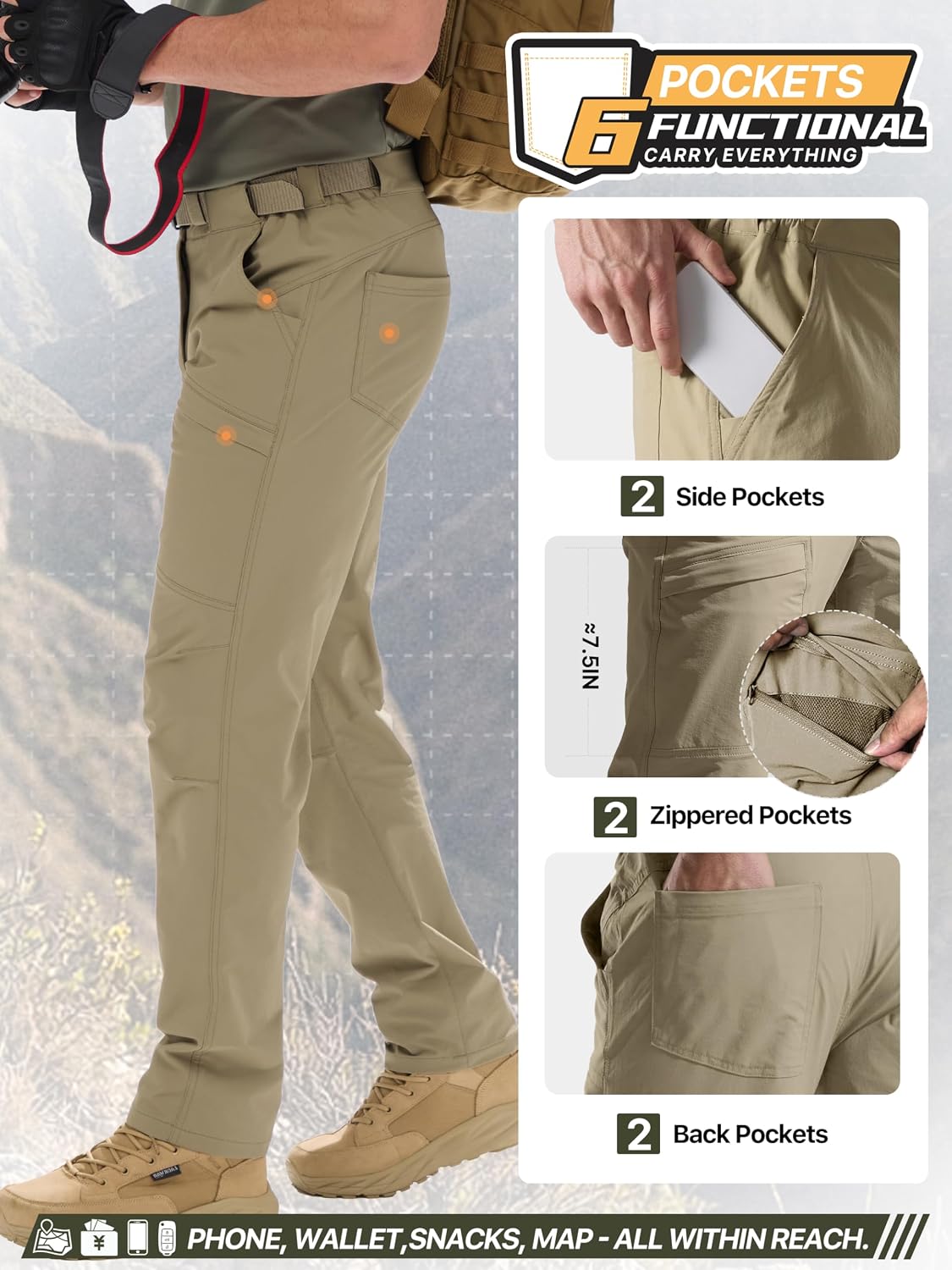 FREE SOLDIER Men's Outdoor Cargo Hiking Pants with Belt