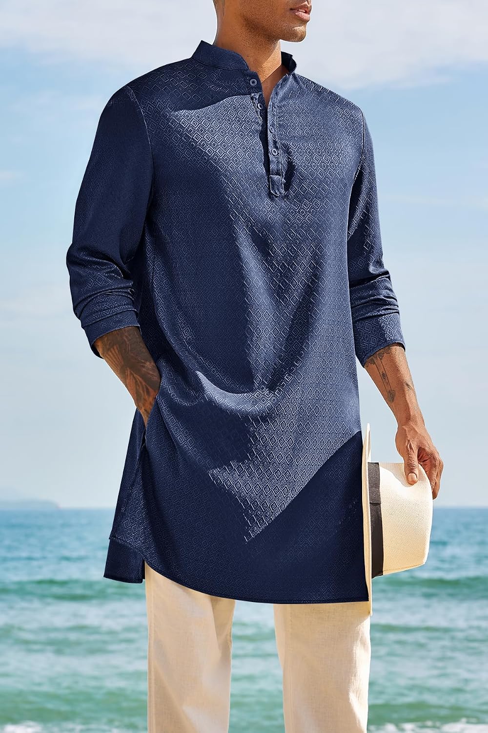 Runcati Mens Kurta Thobe Textured Henley Shirt