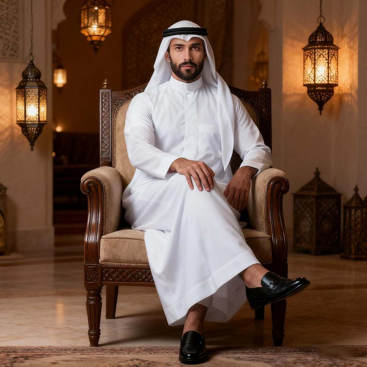 MCJC Men's White Muslim Thobe Long Sleeve Arab Kaftan Robe with Pocket