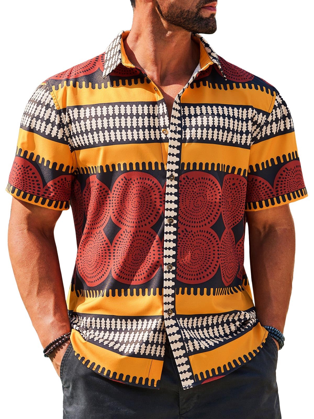 Runcati Mens African Traditional Shirts Dashiki Floral Shirt Hippie Tops