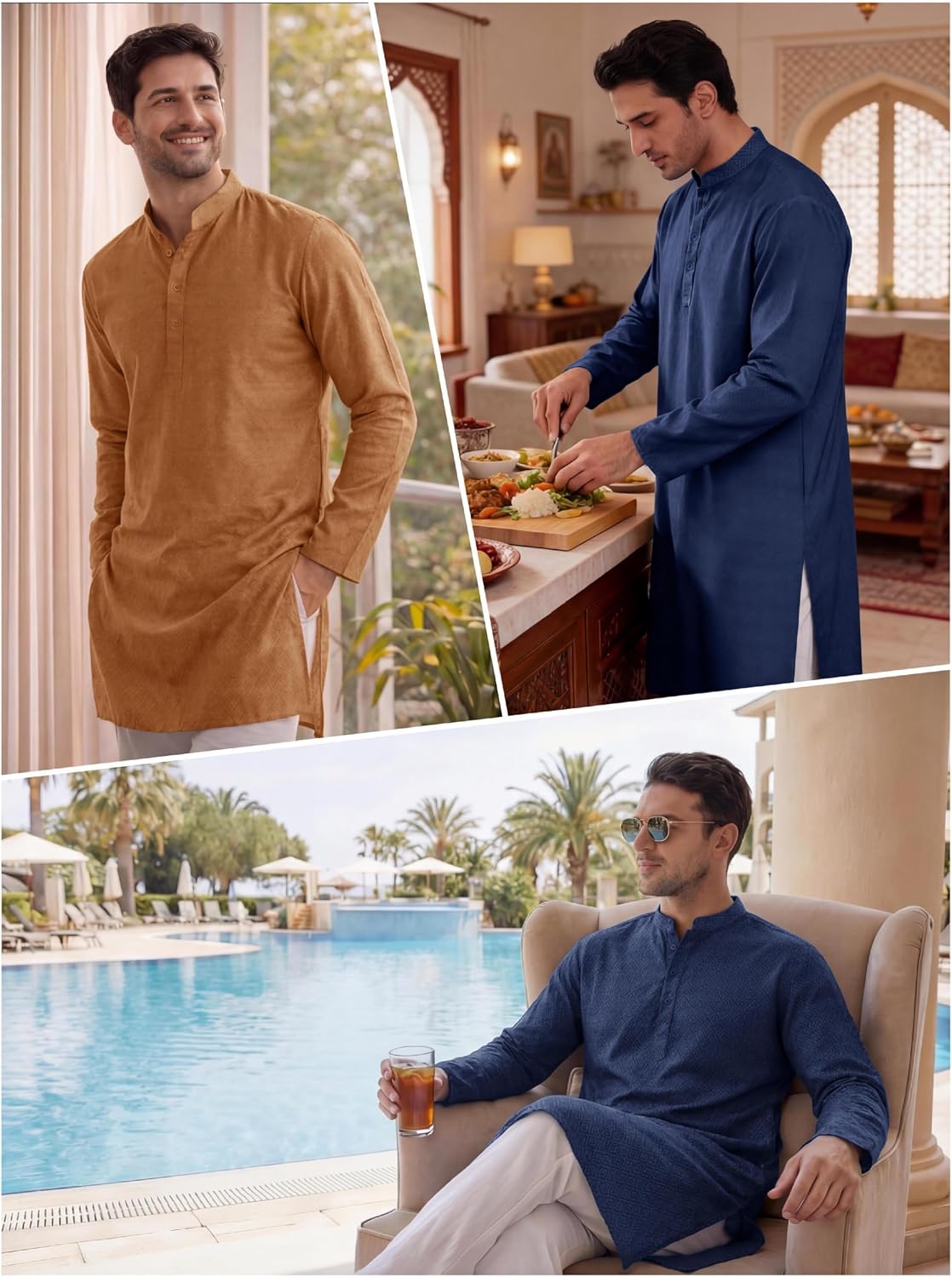 Runcati Mens Kurta Thobe Textured Henley Shirt