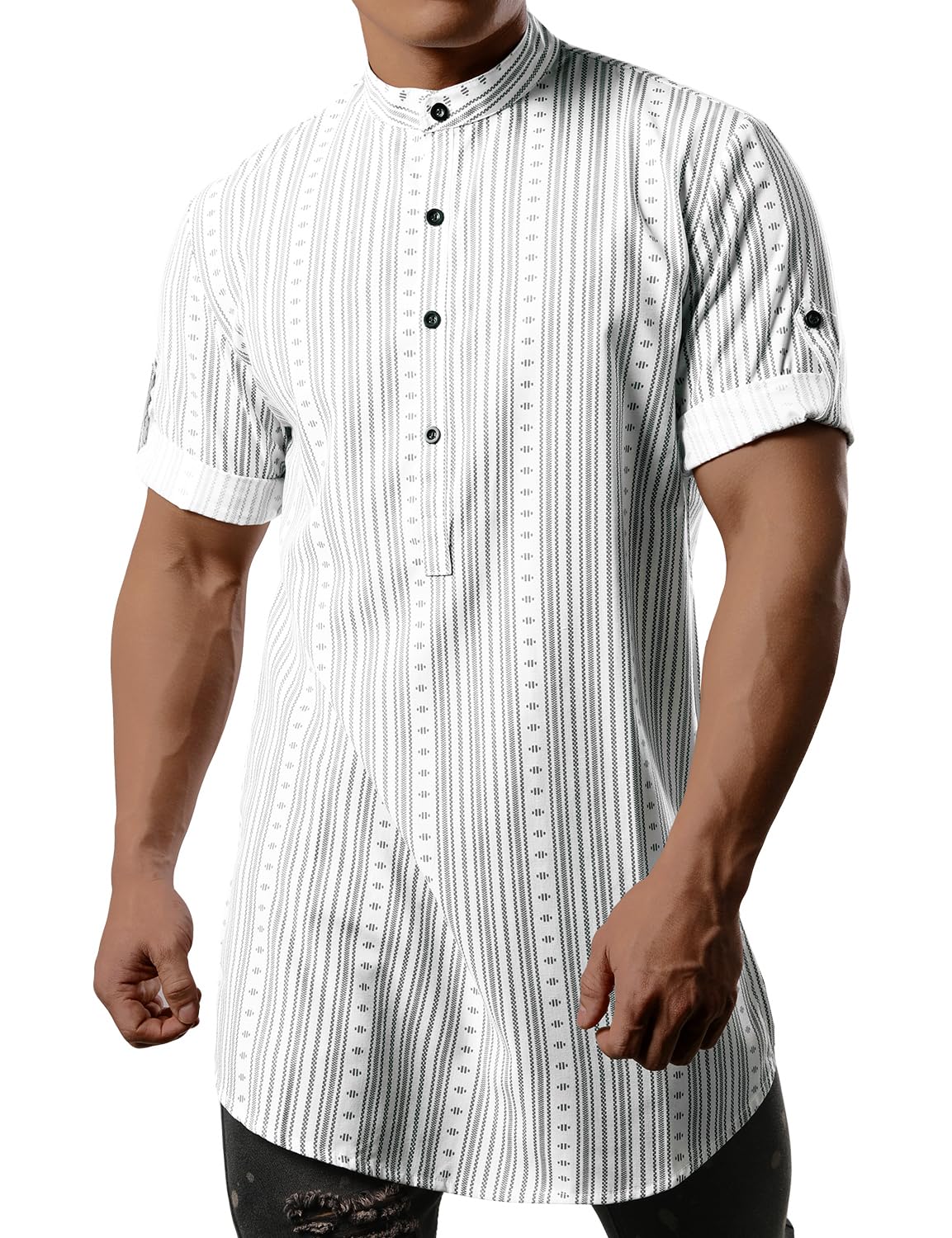 JOGAL Mens African Shirt Striped Henley Dashiki Shirts Short Sleeve