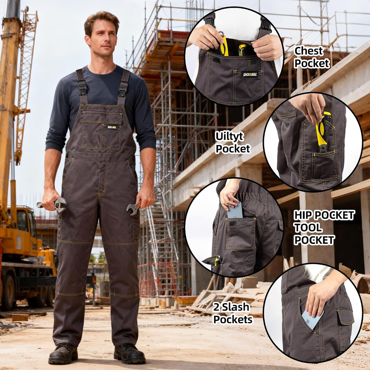 Men's Bib Overalls Sturdy Canvas Work Overalls with Knee Pad Pockets
