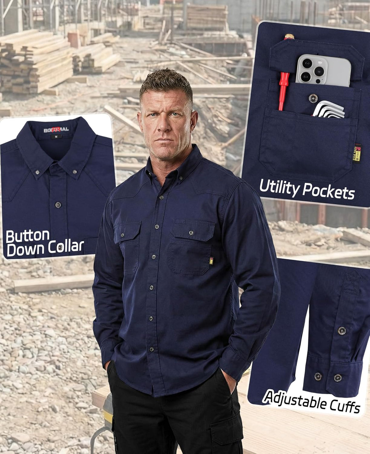 BOCOMAL FR Shirts Button Down Dura-Light 6.5oz Soft Canvas Utility Pockets