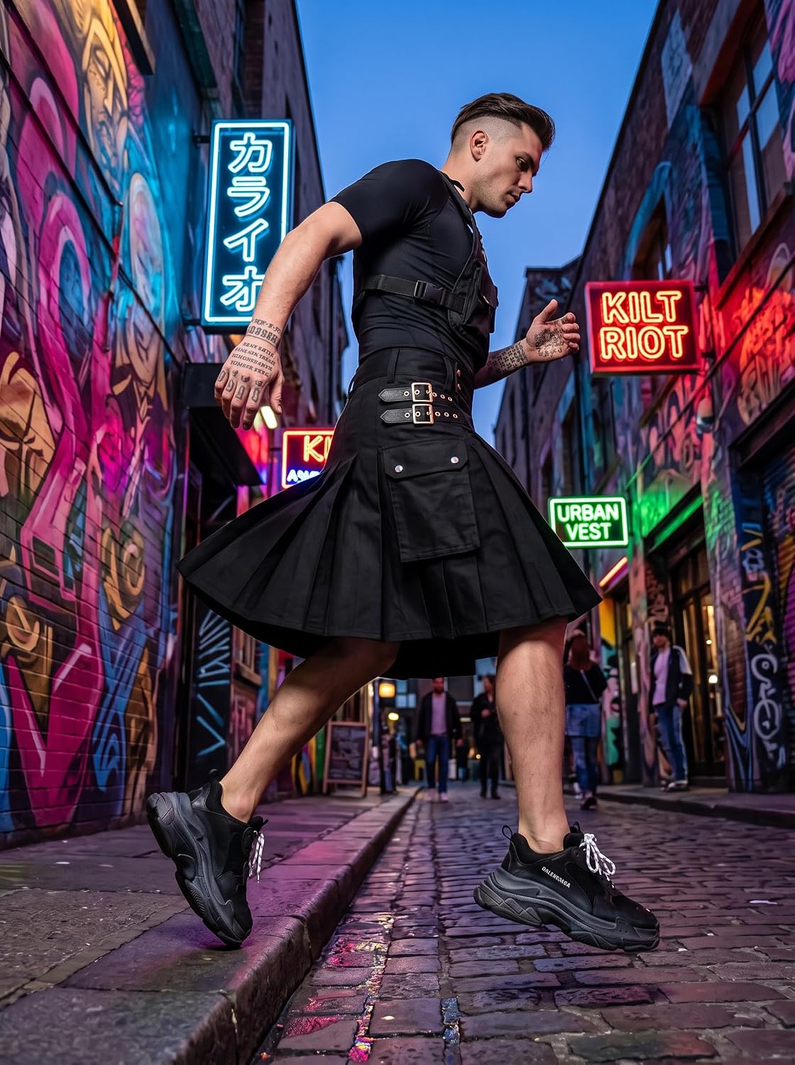 Black Utility Kilt for Mens Traditional Scottish Highland Cotton
