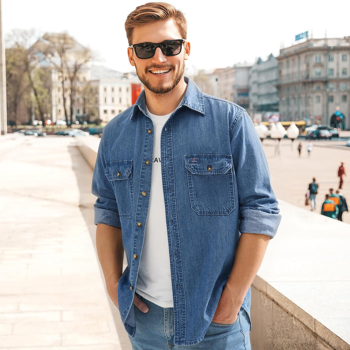 HISEA Mens Long Sleeve Denim Shirt, Button Down Jean Work Shirt Regular Fit