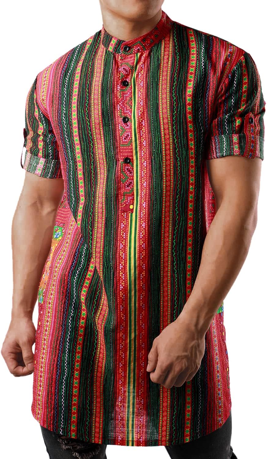 JOGAL Mens African Shirt Striped Henley Dashiki Shirts Short Sleeve