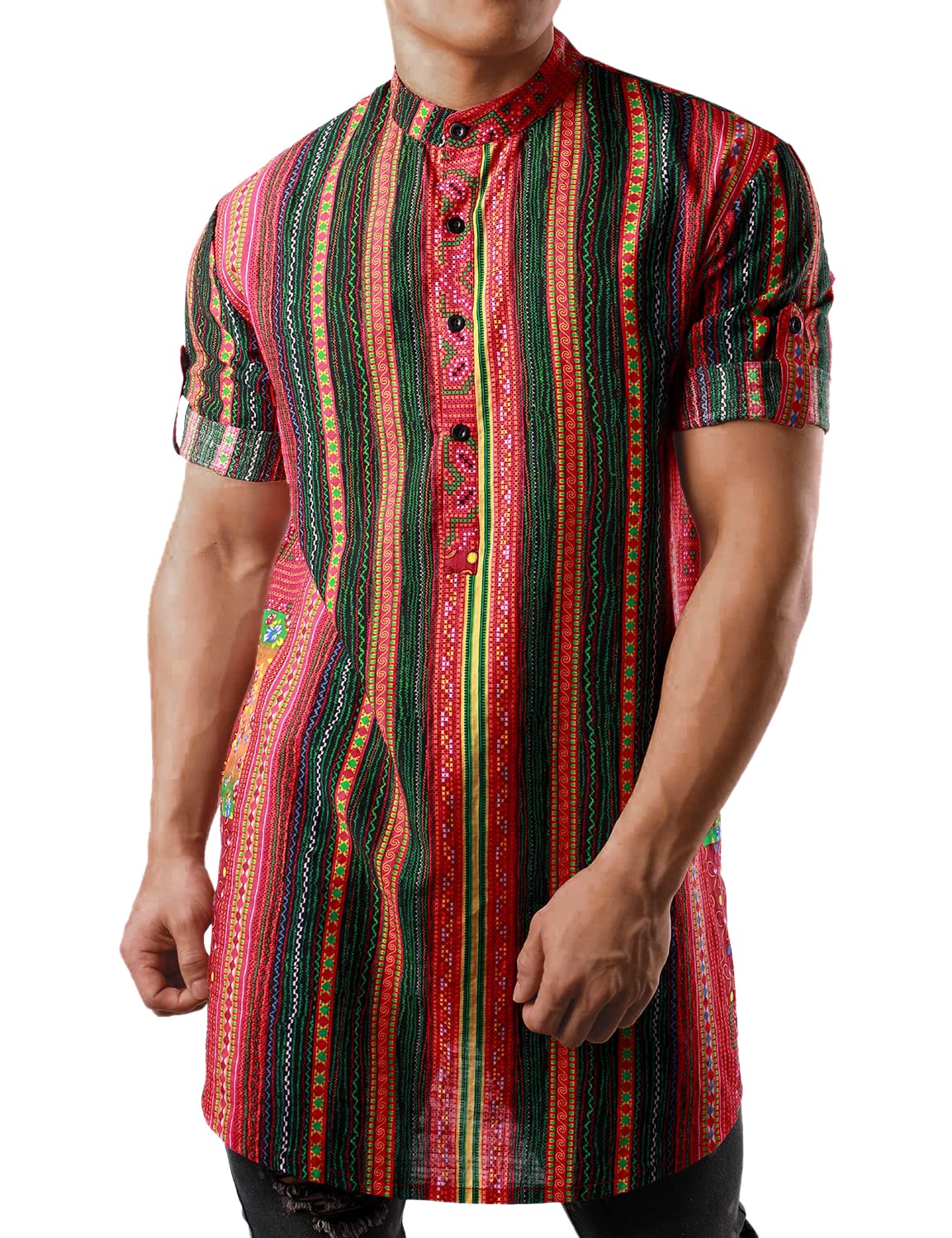 JOGAL Mens African Shirt Striped Henley Dashiki Shirts Short Sleeve