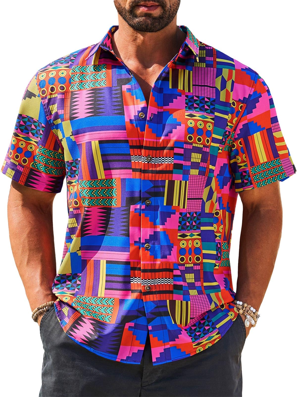 Runcati Mens African Traditional Shirts Dashiki Floral Shirt Hippie Tops