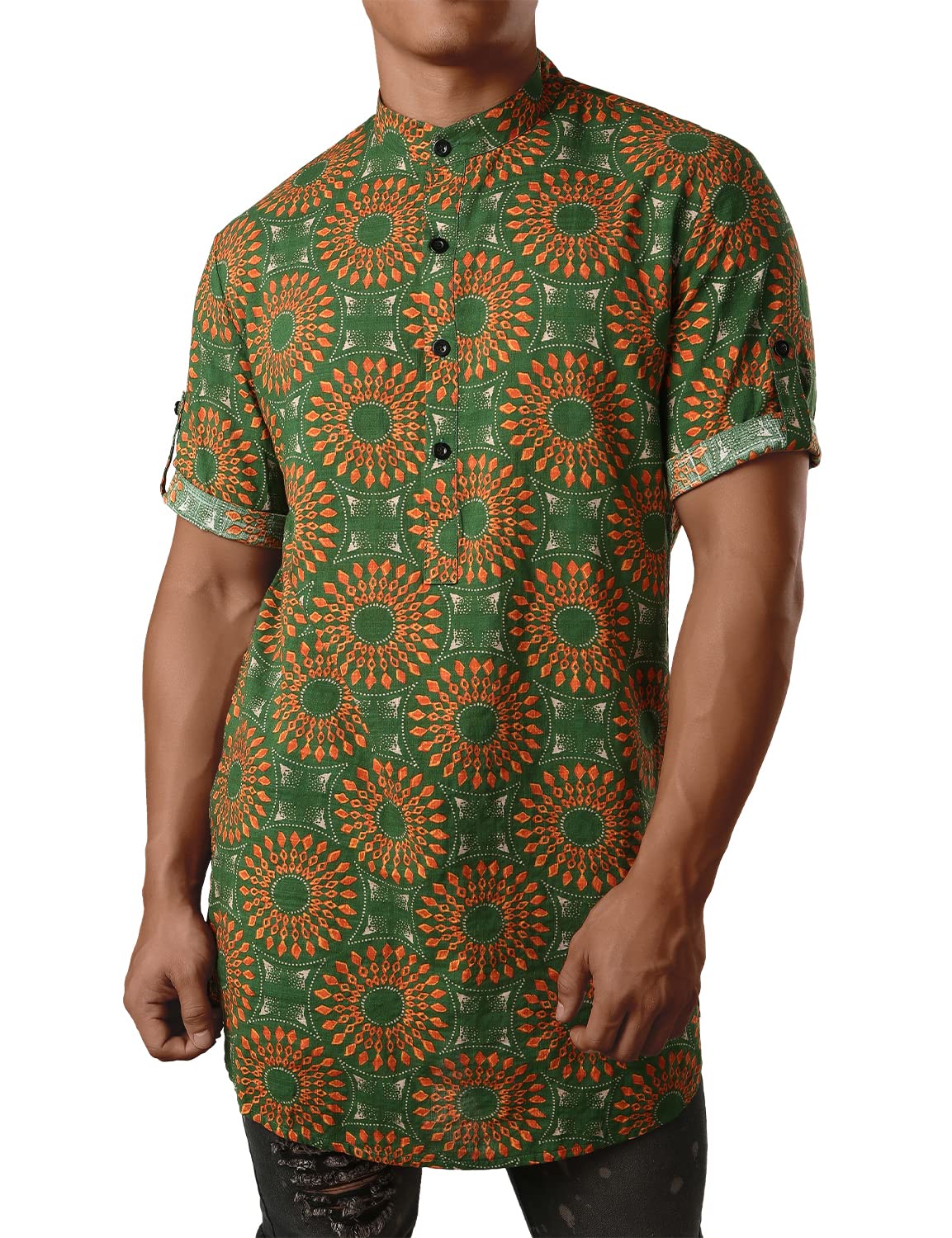 JOGAL Mens African Shirt Striped Henley Dashiki Shirts Short Sleeve