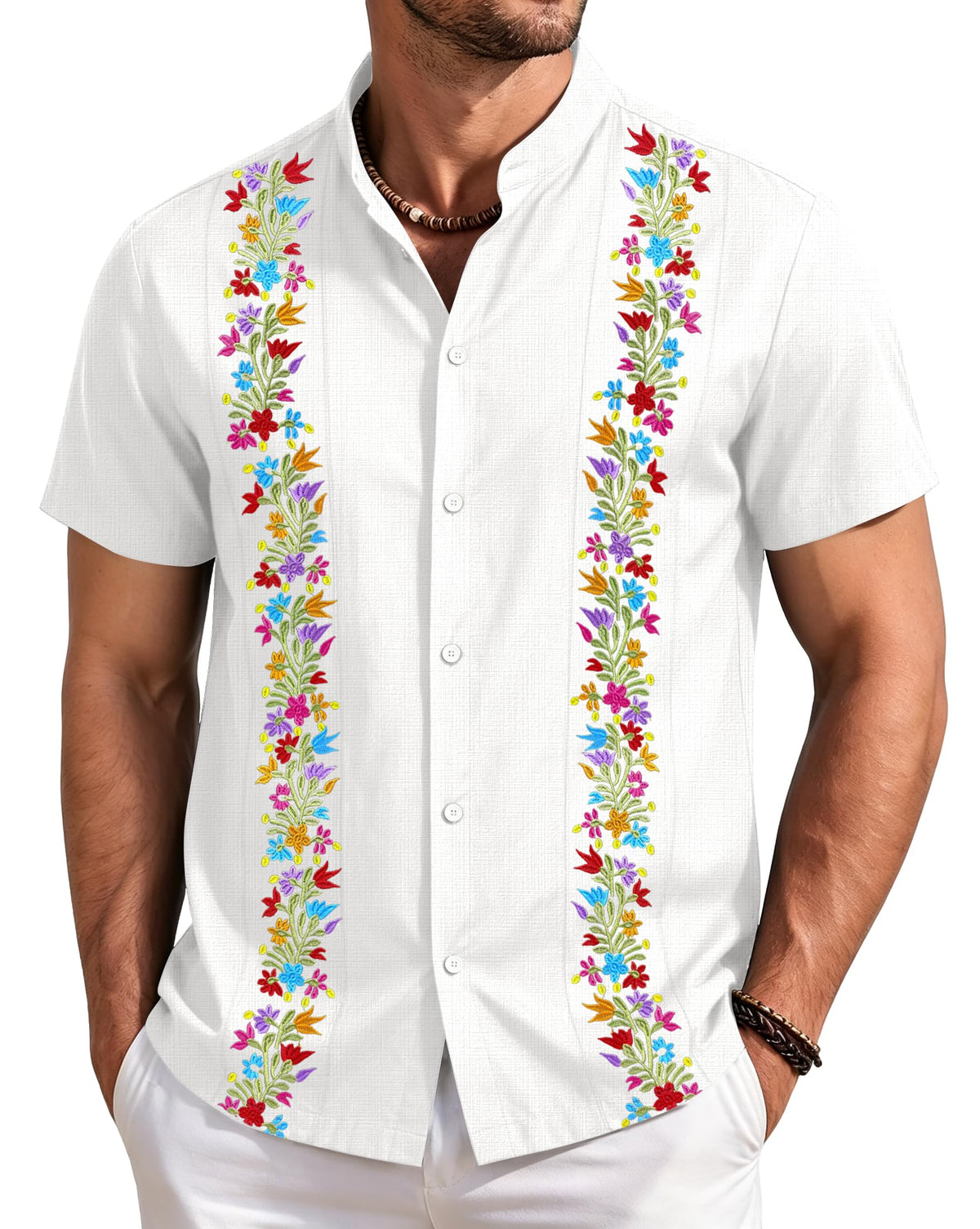 Mexican Shirts for Men Guayabera Tshirt Floral Embroidered Button Down