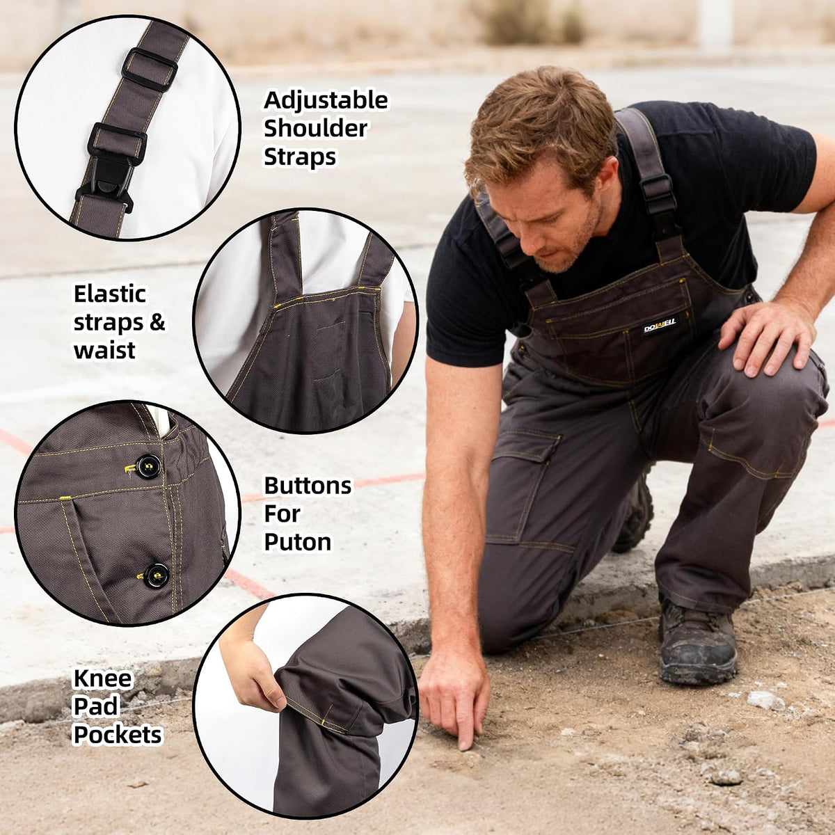 Men's Bib Overalls Sturdy Canvas Work Overalls with Knee Pad Pockets