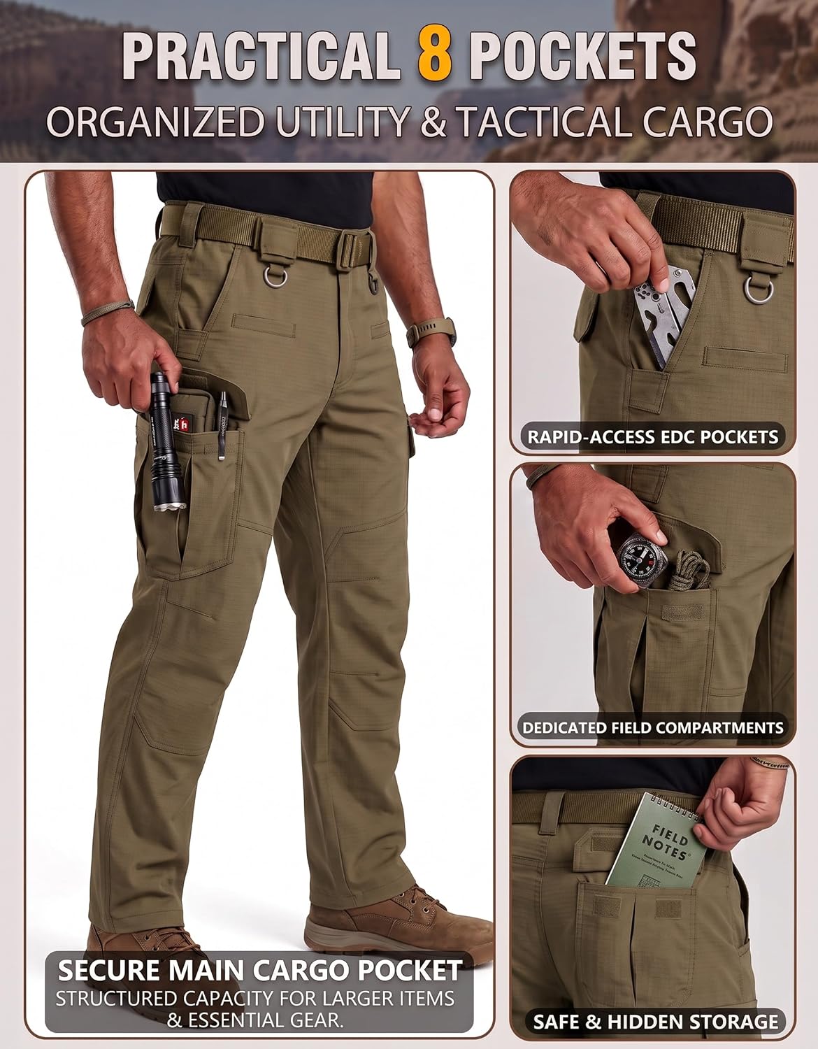 Men's Work Pants Hiking Ripstop Tactical Construction Cargo Pants 8 Pockets