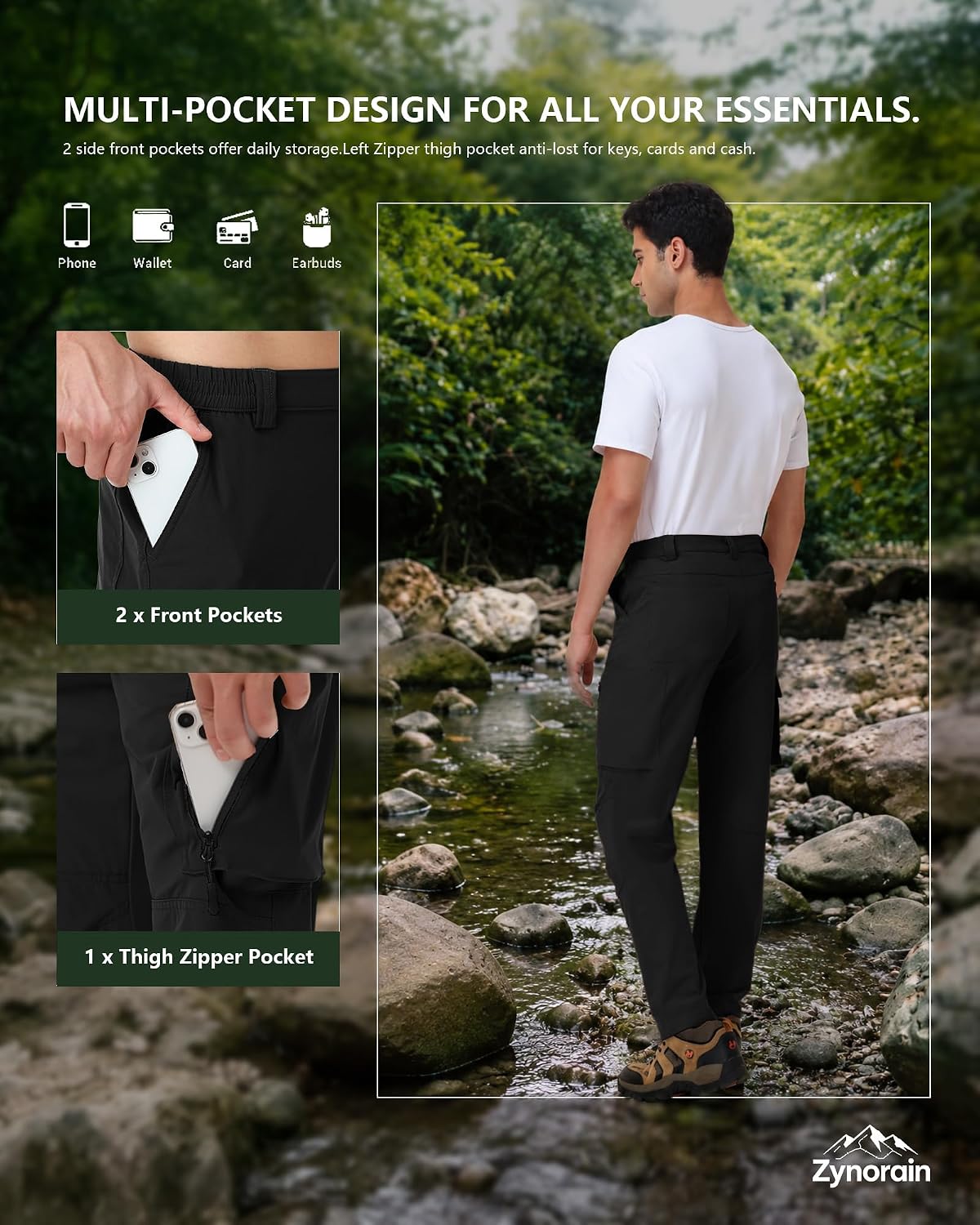 Mens Hiking Pants with 6 Pockets - Cargo Pants for Outdoor Work, Travel, Fishing, and Casual Wear