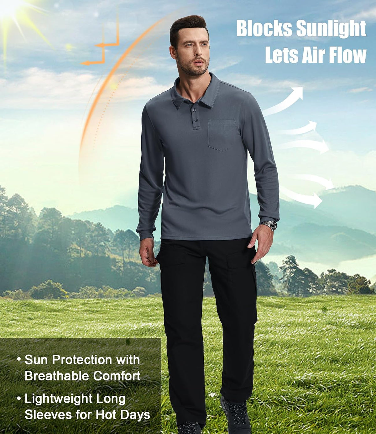 ZITY 3 Pack Long Sleeve Polo Shirts for Men with Pocket Moisture Wicking Outdoor Workwear Office Casual Collared Shirts Fall