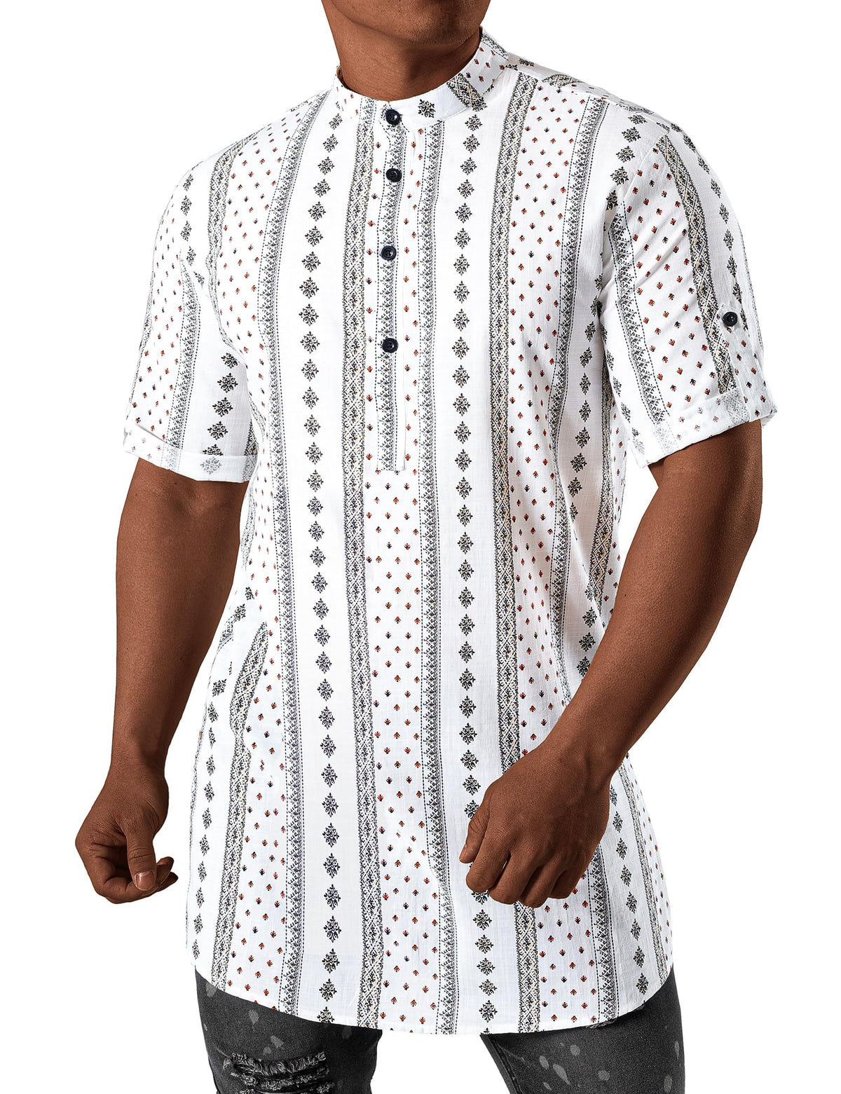 JOGAL Mens African Shirt Striped Henley Dashiki Shirts Short Sleeve