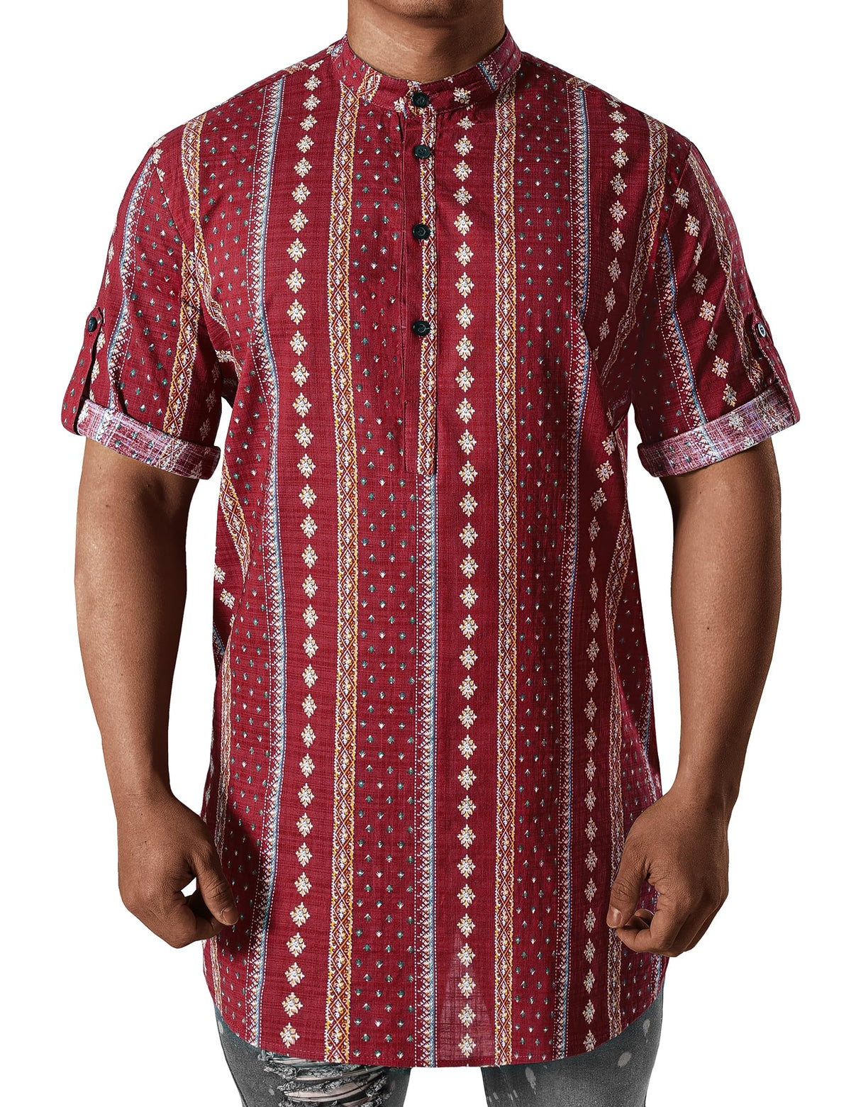JOGAL Mens African Shirt Striped Henley Dashiki Shirts Short Sleeve